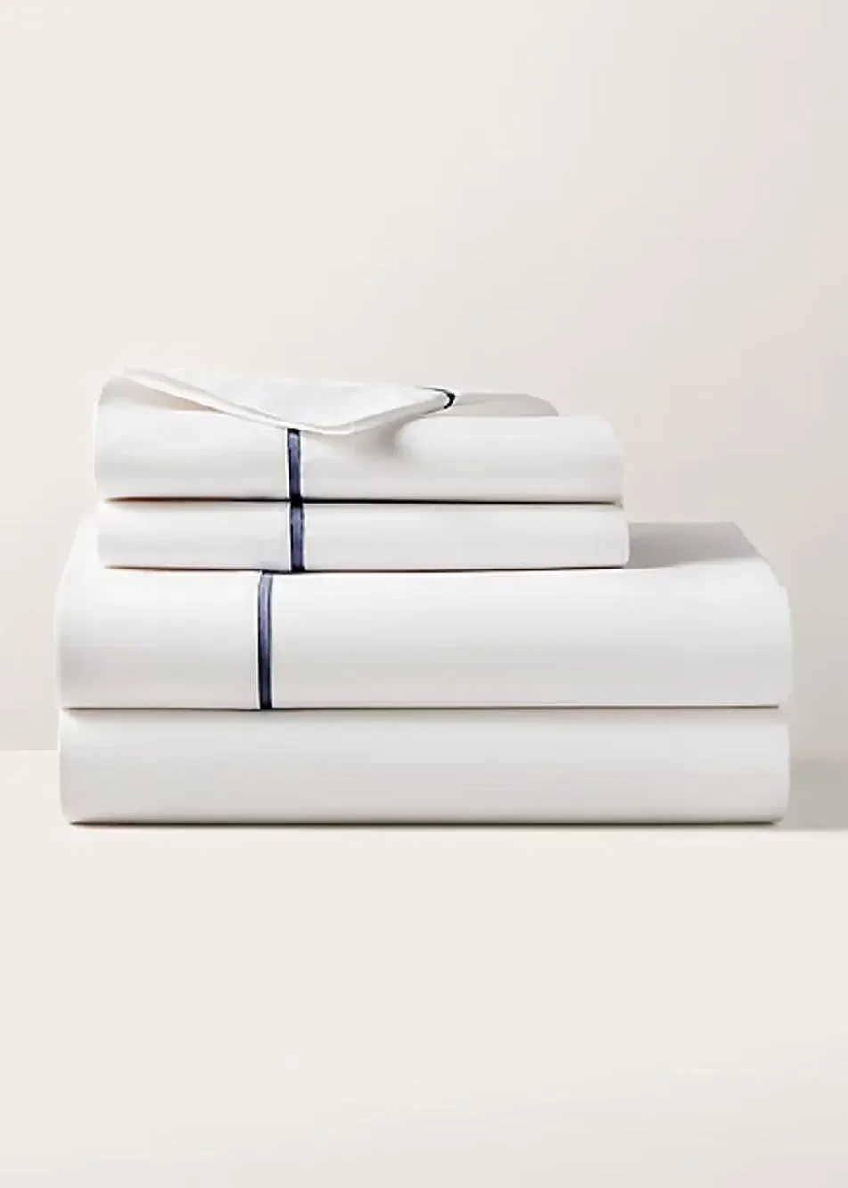 New Flawed Ralph Lauren Organic Cotton Percale Queen Flat Sheet White/Polo Navy